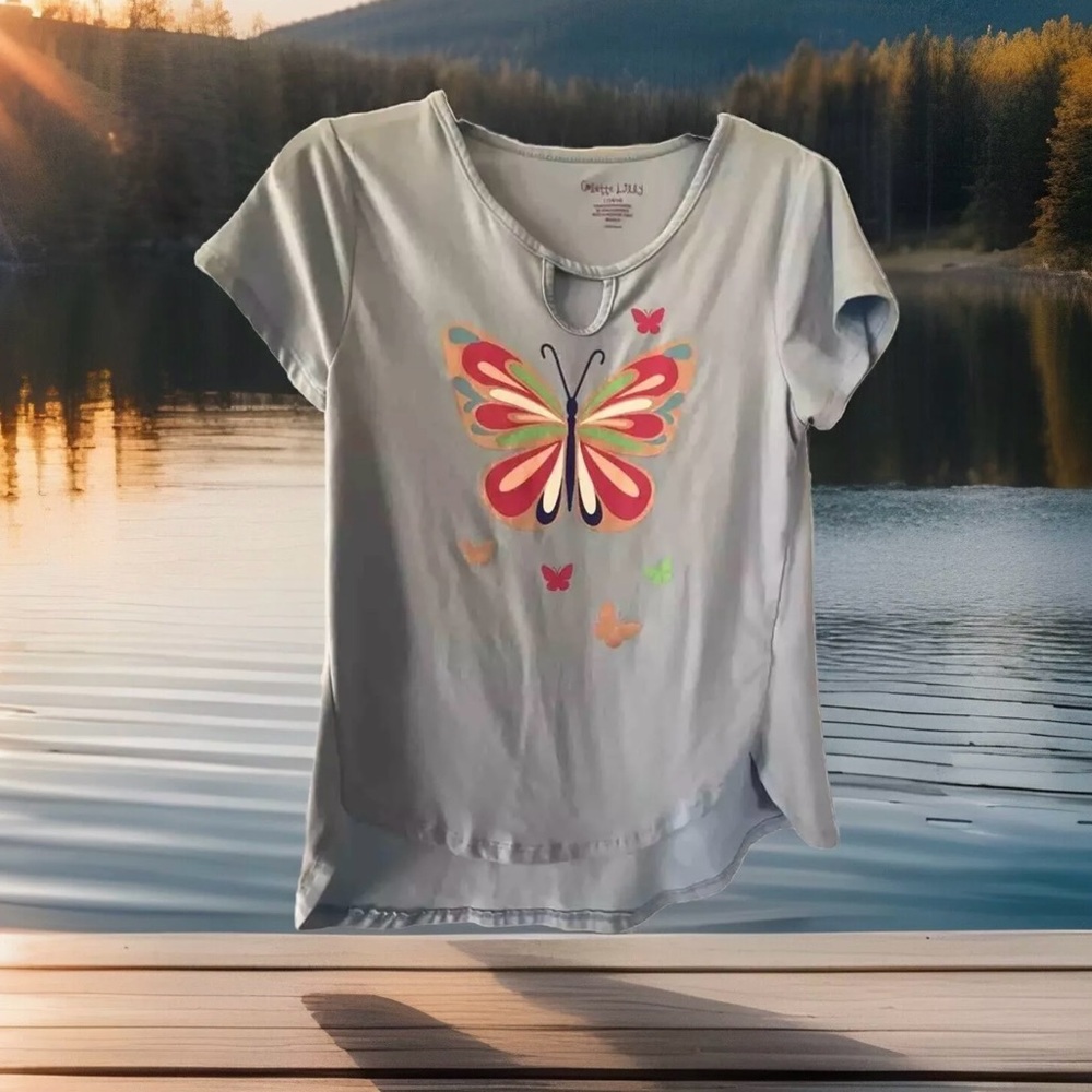 Colette Lilly Girls SZ L 14/16  Short Sleeve Top Blue Pink Blue Butterflies NWOT